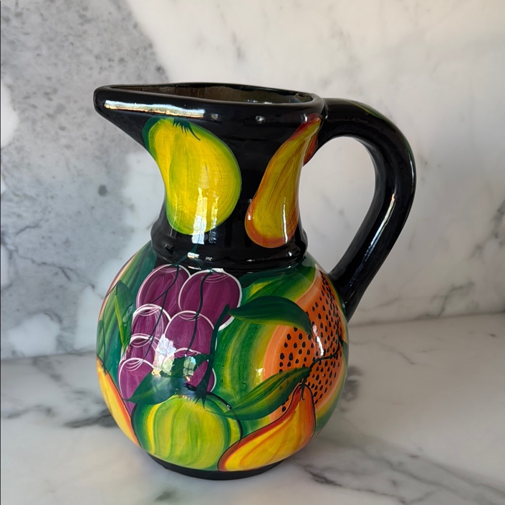 Mexican Fruit Patterned Hand-Painted Ceramic Pitcher
